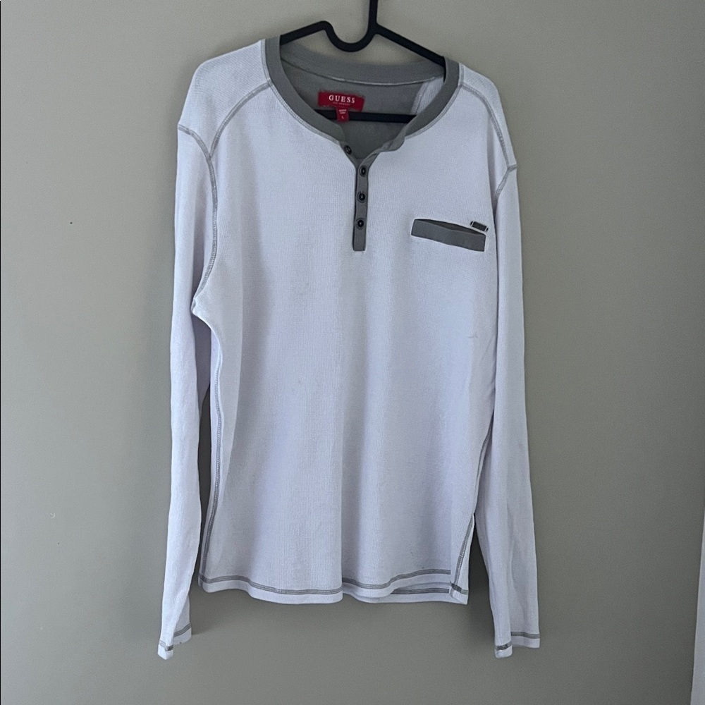 Guess Los Angeles White Thermal Henley Shirt Gray Trim Large